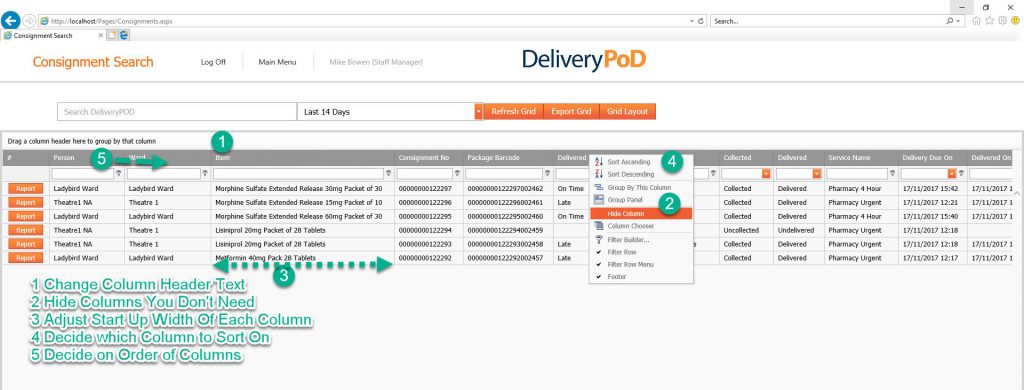 Configuring Column Text, Visibility, Width and order of the Columns .