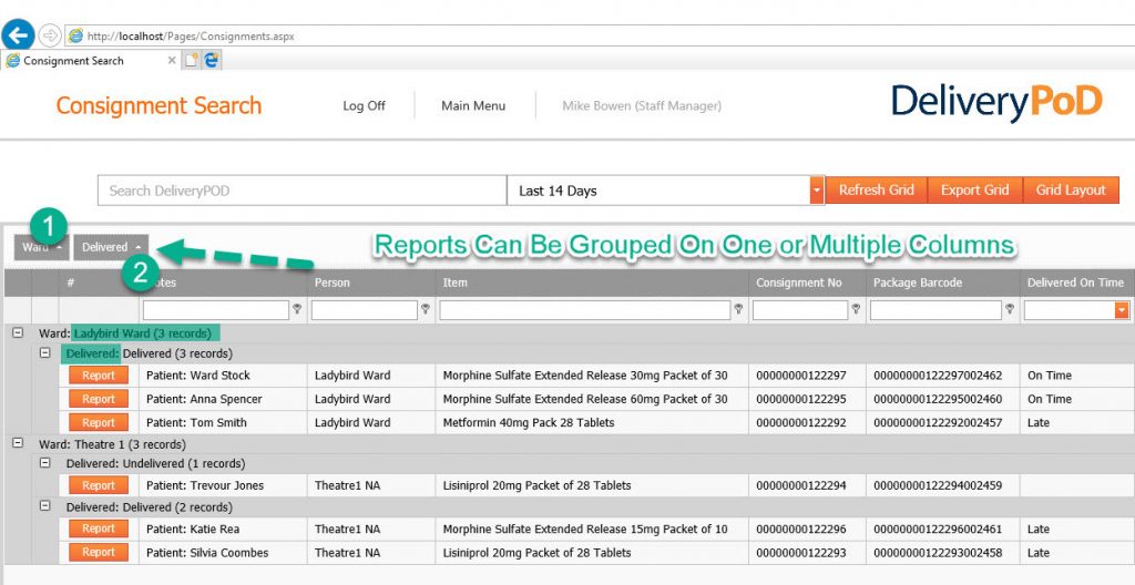 Configuring Column Grouping in a DeliveryPoD Report